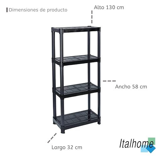 Italhome Rack de Plástico 4 Niveles, Estante Organizador Multiusos para Cocina, Garaje u Oficina, Resistente hasta 100 kg, Ahorro de Espacio, Color Negro
