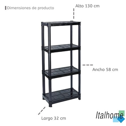 Italhome Rack de Plástico 4 Niveles, Estante Organizador Multiusos para Cocina, Garaje u Oficina, Resistente hasta 100 kg, Ahorro de Espacio, Color Negro