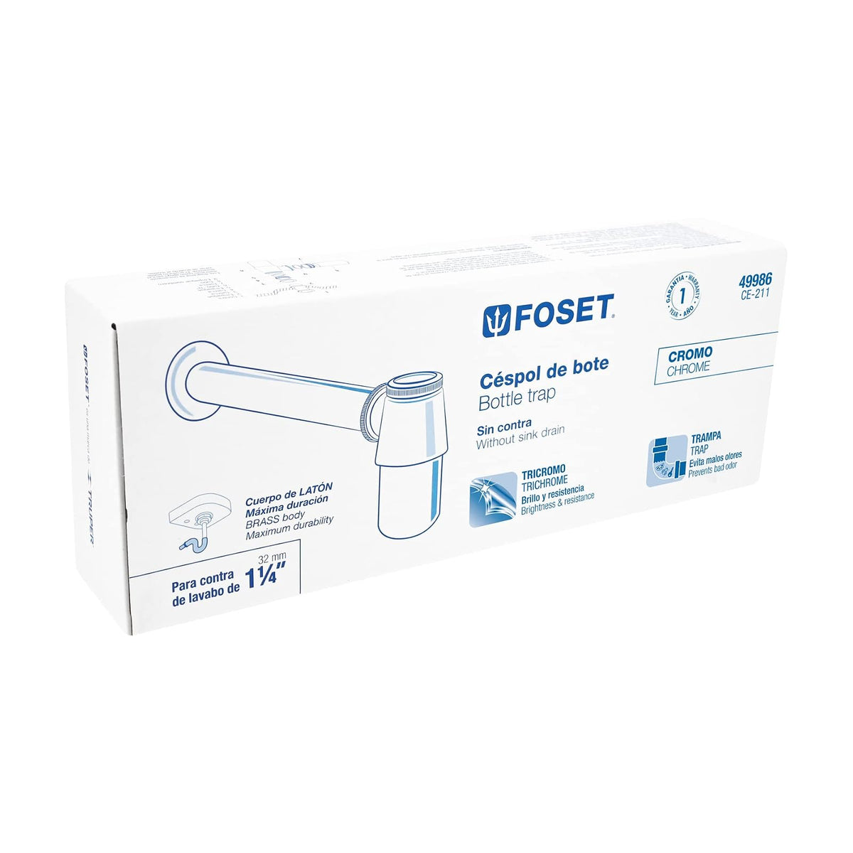 Foset CE-211, Céspol de bote sin contra para lavabo de 1 1/4", de latón cromado