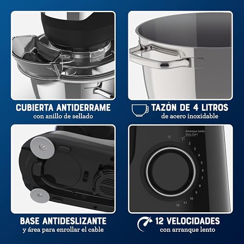 Oster Batidora Planetaria 850 W con 12 Velocidades y Tazón de 4 L | Mezclas homogéneas con cuchilla Quad de acero inoxidable, incluye 4 accesorios, negro, FPSTSMPL2B