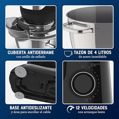 Oster Batidora Planetaria 850 W con 12 Velocidades y Tazón de 4 L | Mezclas homogéneas con cuchilla Quad de acero inoxidable, incluye 4 accesorios, negro, FPSTSMPL2B