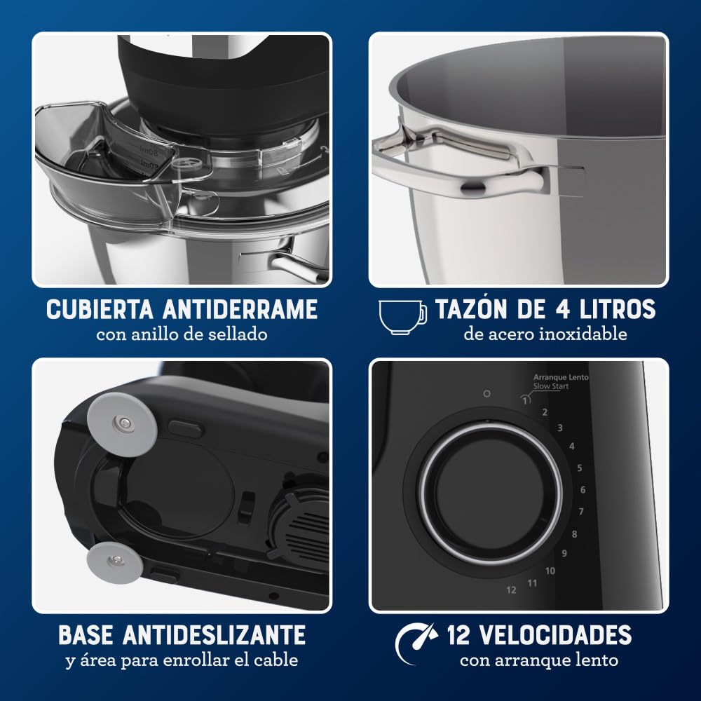Oster Batidora Planetaria, 12 velocidades, Tazón de Acero Inoxidable, Capacidad de 4 lt, Incluye 4 Accesorios, 850 W, Negro, FPSTSMPL2B