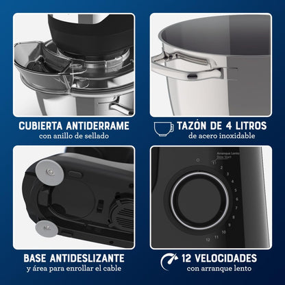 Oster Batidora Planetaria, 12 velocidades, Tazón de Acero Inoxidable, Capacidad de 4 lt, Incluye 4 Accesorios, 850 W, Negro, FPSTSMPL2B