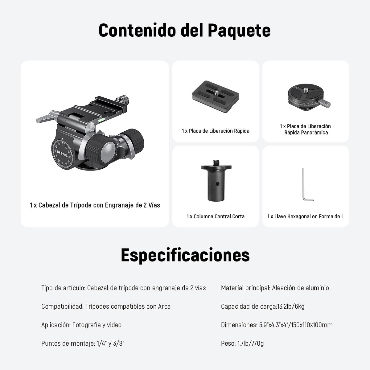 NEEWER Cabezal Trípode con Engranaje Bidireccional Microajuste Milimétrico Pan Tilt Head Aleación Aluminio, 360° Placa Panorámica Arca QR Compatible con Sony Canon Nikon DSLR, Carga Máx 13.2lb, TH14