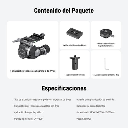 NEEWER Cabezal Trípode con Engranaje Bidireccional Microajuste Milimétrico Pan Tilt Head Aleación Aluminio, 360° Placa Panorámica Arca QR Compatible con Sony Canon Nikon DSLR, Carga Máx 13.2lb, TH14