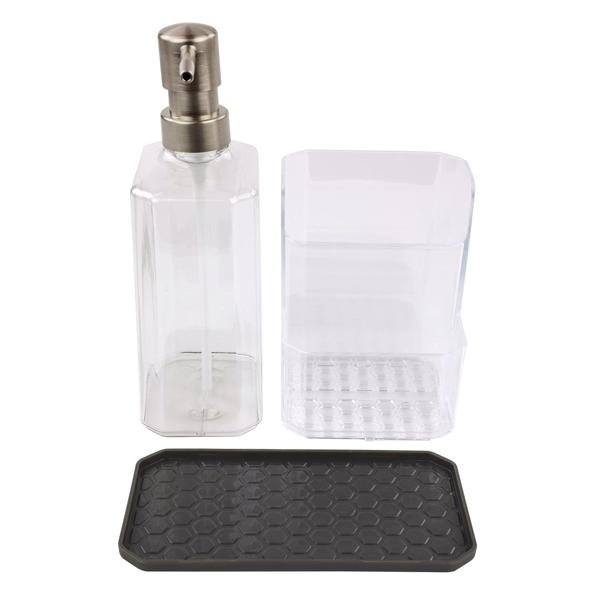 Spectrum Diversified Hexa Sponge & Brush Kitchen Organizer with Refillable Soap Pump, Sponge & Dish, Easy-Clean Sink Organization & Dish Brush Holder with Removable Base, Clear/Gray