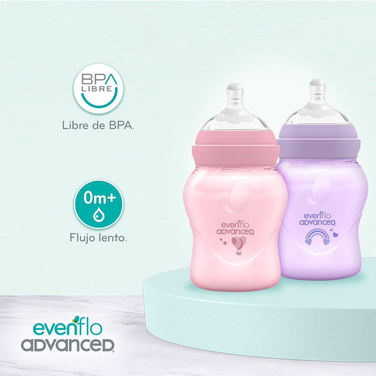 Evenflo Advanced Biberón Anticólicos Avanzado, Cuello Ancho, Rosa y Lila, Silicón Grado Alimenticio, 150ml, Sistema Doble Válvula, Flujo Lento, para Bebés 0-3 Meses, Paquete de 2 Piezas