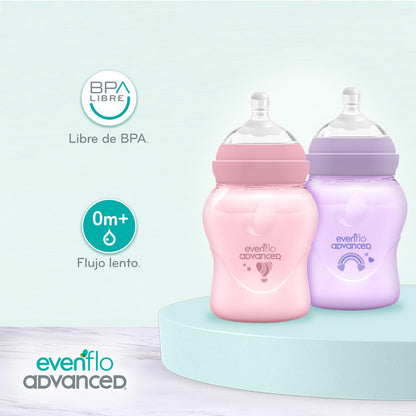 Evenflo Advanced Biberón Anticólicos Avanzado, Cuello Ancho, Rosa y Lila, Silicón Grado Alimenticio, 150ml, Sistema Doble Válvula, Flujo Lento, para Bebés 0-3 Meses, Paquete de 2 Piezas
