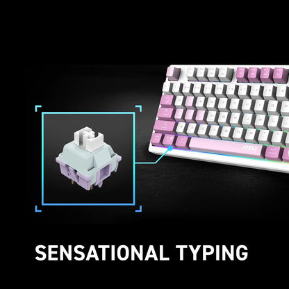 MSI Forge GK600 TKL W Violet US - Interruptores lineales mecánicos - Teclas PBT sublimadas con Tinte, Base Antideslizante, LED RGB, USB 2.0, Bluetooth, 2.4 GHz