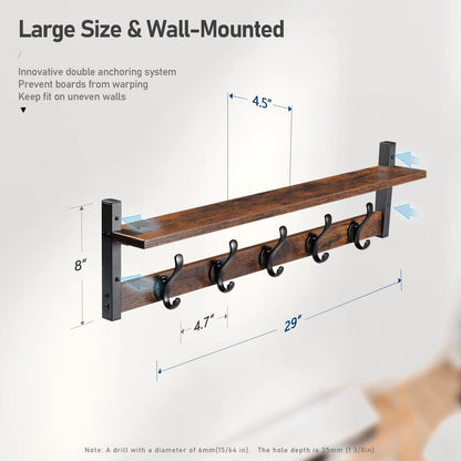 Tatub - Perchero rústico de 29 pulgadas con estante, ganchos de pared de entrada con estante, perchas para baño, sala de estar, recámara, color negro rústico