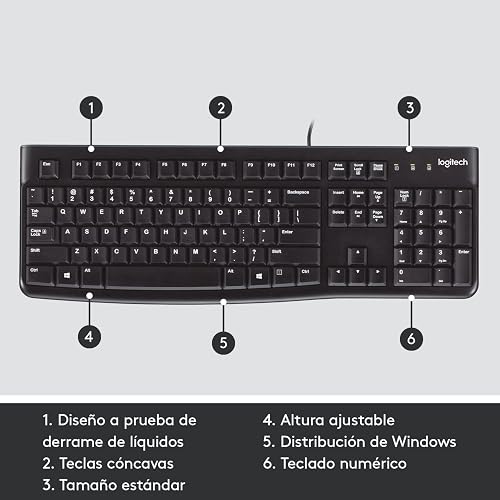 Logitech K120 Teclado con Cable para Windows, Plug-and-Play USB, Tamaño Normal, Resistente a Las Salpicaduras, Barra Espaciadora Curvada, Compatible con PC, Laptop - Negro