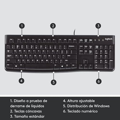 Logitech K120 Teclado con Cable para Windows, Plug-and-Play USB, Tamaño Normal, Resistente a Las Salpicaduras, Barra Espaciadora Curvada, Compatible con PC, Laptop - Negro