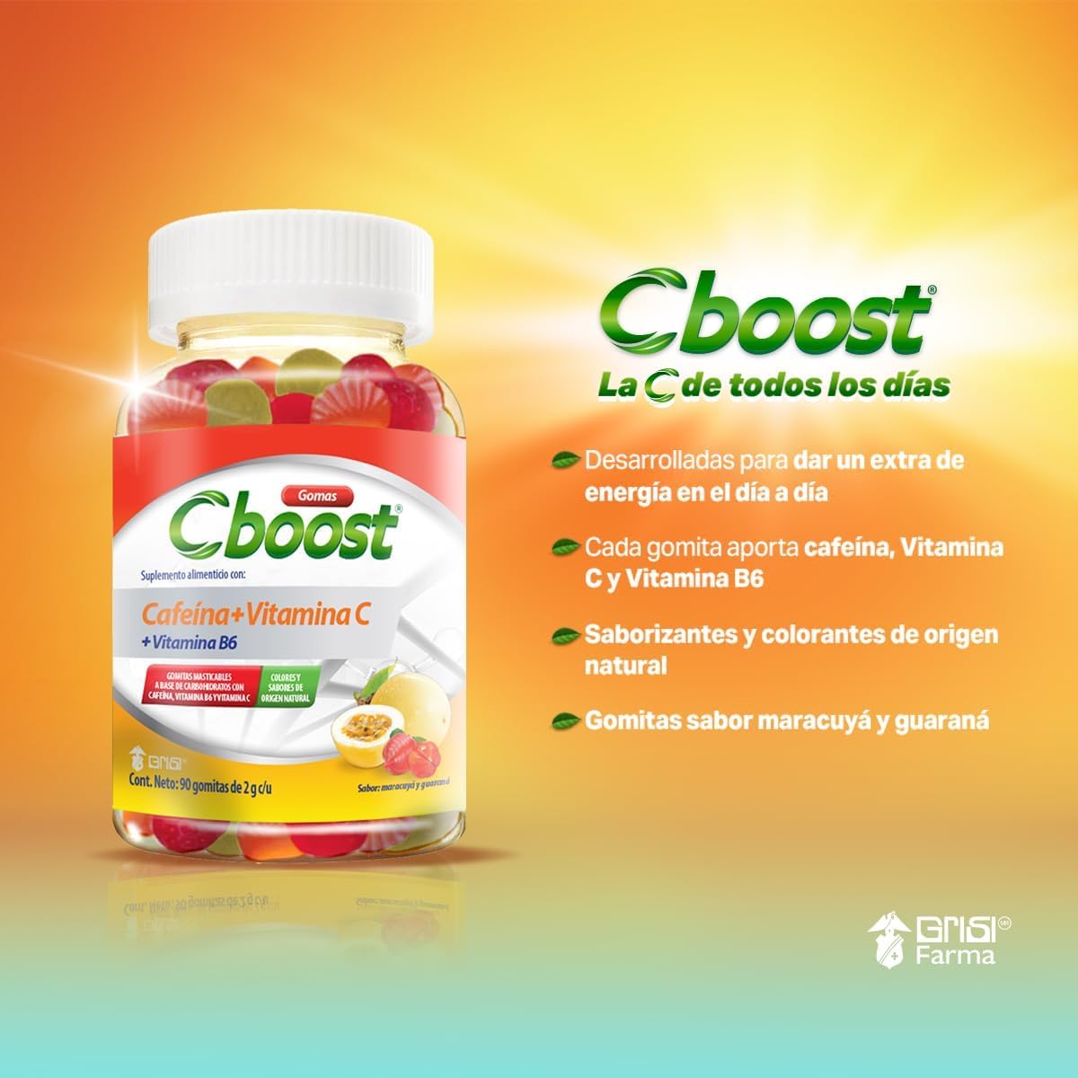Cboost - Gomitas Cafeína 50mg, Vitamina C y B6, Maracuyá y Guaraná, 90 Pzs | Colores y sabores naturales, extra de energía, para adultos, 1 al día, certificación GMP