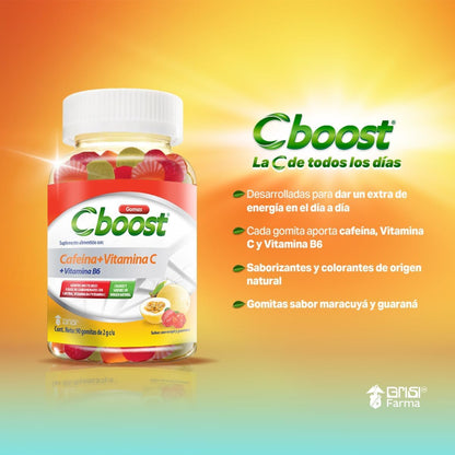 Cboost - Gomitas Cafeína 50mg, Vitamina C y B6, Maracuyá y Guaraná, 90 Pzs | Colores y sabores naturales, extra de energía, para adultos, 1 al día, certificación GMP