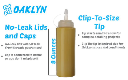 Oaklyn - Botellas exprimidoras de 8 onzas, paquete de 6 – Botellas reutilizables de condimentos para salsas, líquidos, sin BPA, diseño a prueba de fugas, botellas de plástico fáciles de limpiar con