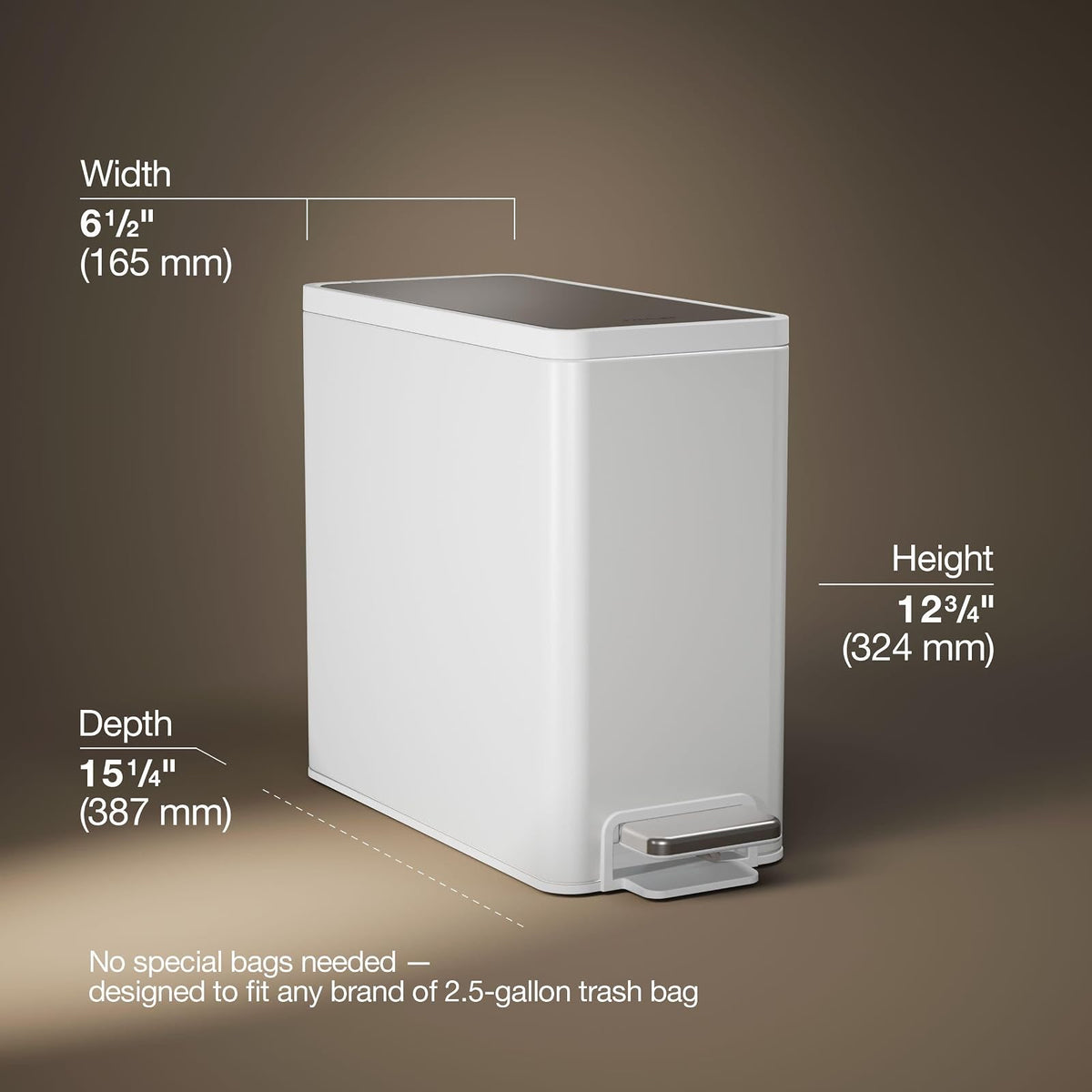 Kohler 20957-STW Bote de basura delgado de 2.5 galones, cubeta de basura para baño con pedal de cierre suave, color blanco con acero inoxidable