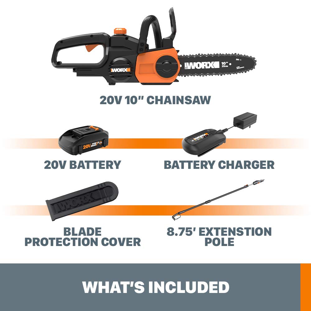 Worx WG323 20 V Power Share - Poste/sierra de cadena inalámbrica de 10 pulgadas con tensión automática (batería y cargador incluidos)