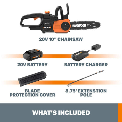 Worx WG323 20 V Power Share - Poste/sierra de cadena inalámbrica de 10 pulgadas con tensión automática (batería y cargador incluidos)