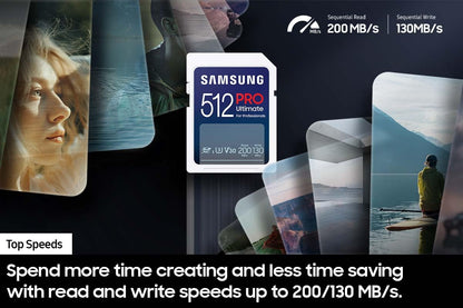 Samsung Pro Ultimate Tarjeta de Memoria de tamaño Completo+USBReader, SDXC de 512 GB, hasta 200 MB/s, 4K UHD, UHS-I, C10, U3, V30, A2 para DSLR, cámaras sin Espejo, PC, MB-SY512SB/AM