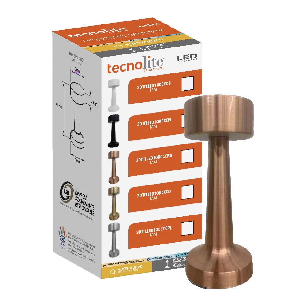 Tecnolite - Lámpara de Mesa LED 3 W Portátil, Recargable, Luz Blanca Ajustable y Atenuable Táctil, Lámpara Interior para Restaurante