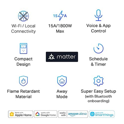 TP-Link Tapo Matter Supported Smart Plug Mini, Compact Design, 15A/1800W Max, Super Easy Setup, Works with Apple Home, Alexa & Google Home, UL Certified, 2.4G Wi-Fi Only, White, Tapo P125M(3-Pack)