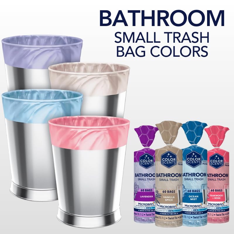 Color Scents Bolsas de basura pequeñas - 4 galones, 720 bolsas en total (12 paquetes de 60 unidades), lazo giratorio (4 aromas únicos + combinaciones de colores) con Microban