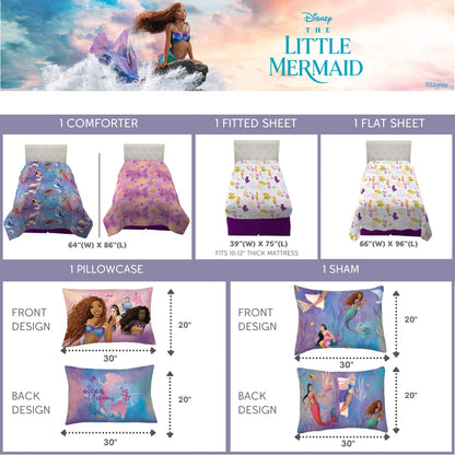 Franco Disney's The Little Mermaid Ariel Live Action Movie - Juego de Ropa de Cama para niños súper Suave y Juego de sábanas con Funda Individual, (Producto 100% Oficial con Licencia)