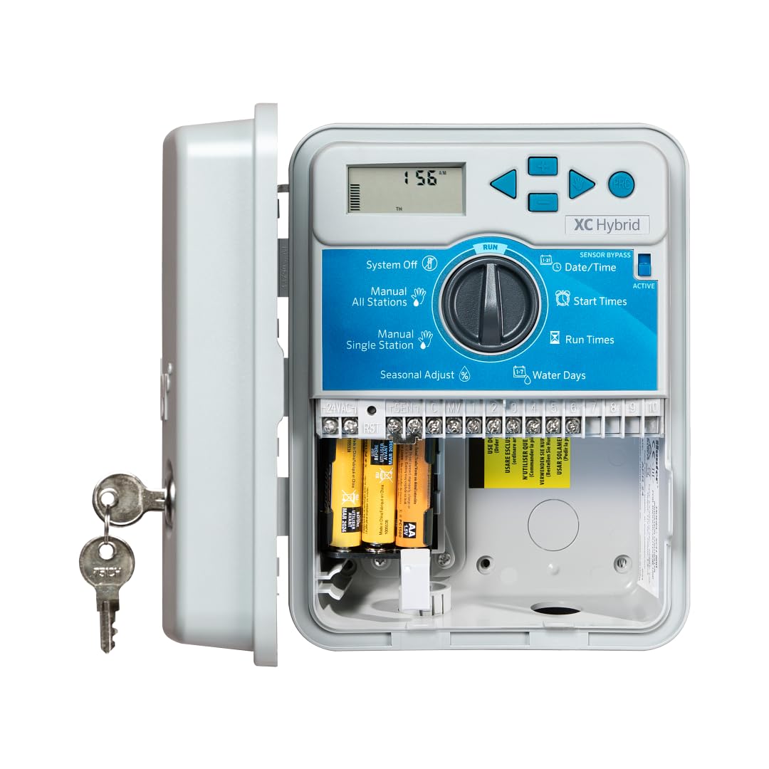 Hunter XC - driver híbrido de riego alimentado por pilas, temporizador de 6 zonas, uso en interiores y exteriores, impermeable, sistema de riego programable para césped y jardín