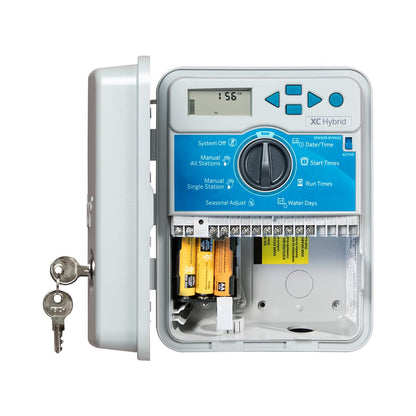 Hunter XC - driver híbrido de riego alimentado por pilas, temporizador de 6 zonas, uso en interiores y exteriores, impermeable, sistema de riego programable para césped y jardín
