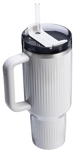 Stanley Quencher H2.0 Vaso con asa y popote, 40 onzas, tapa Flowstate de 3 posiciones, compatible para viajes, taza de acero inoxidable aislada, sin BPA, brillo de ceniza estriada