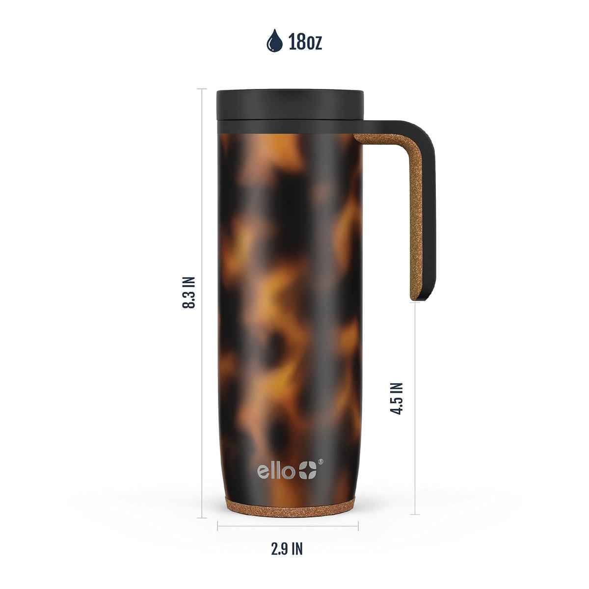 Ello Magnet - Taza de viaje de acero inoxidable aislada al aspiradora de 18 onzas con asa lateral y tapa deslizante a prueba de fugas y posavasos integrados, mantiene el calor durante 5 horas