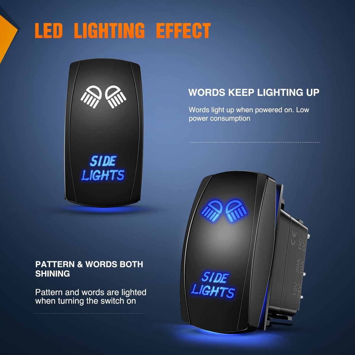 Nilight - Interruptor de luces laterales, barra de luz LED, 5 pines, interruptor SPST, 20 A/12 V, 10 A/24 V, color azul con cables de puente para coches, camiones, vehículos recreativos