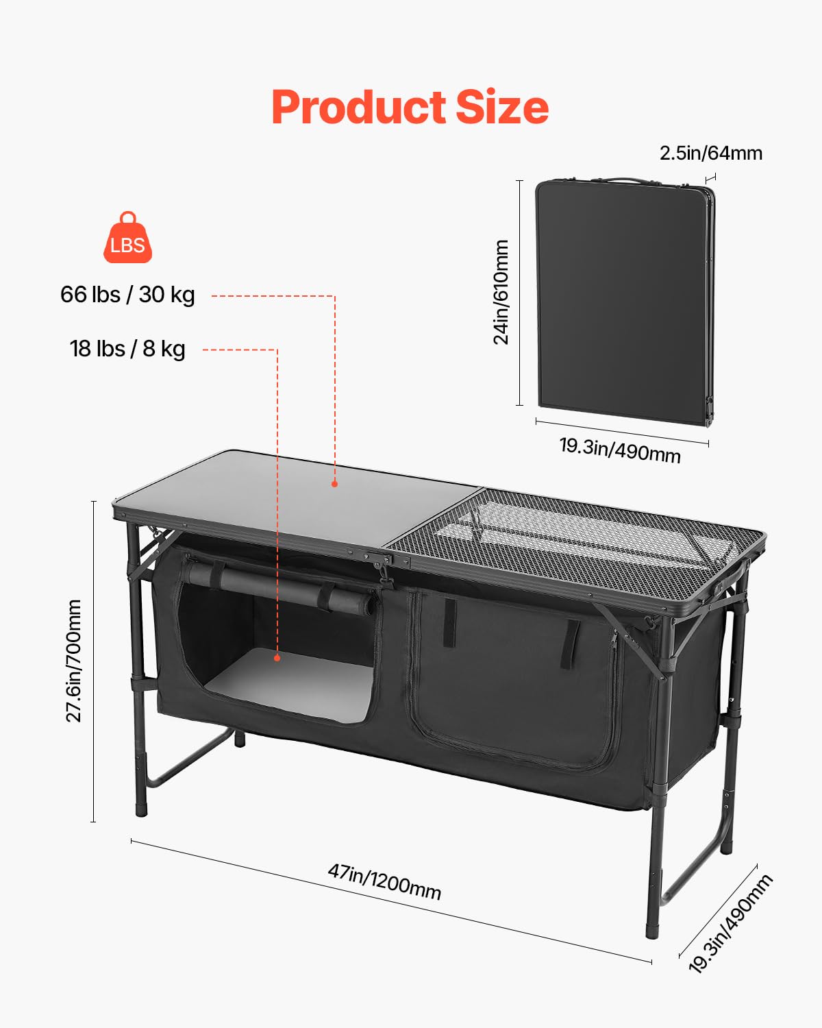 VEVOR Mesa de Cocina Plegable Portátil para Acampar, 3 Alturas Ajustables, de Aluminio, con Organizador de Almacenamiento, Asa de Transporte, para Barbacoa, Fiesta, Pícnic, Viajes en RV, Negro