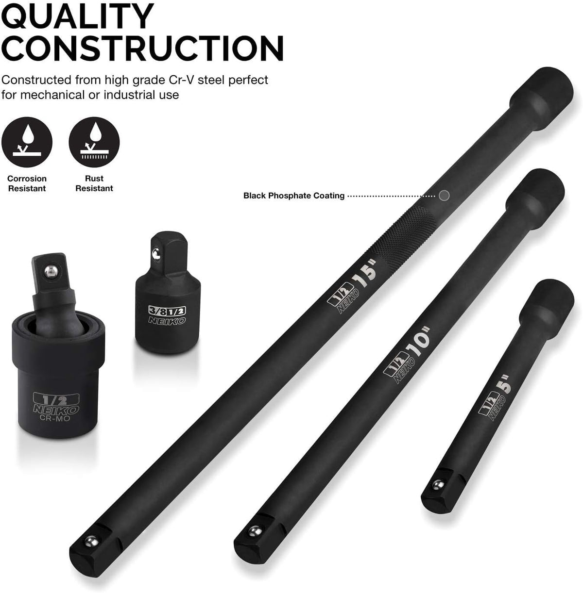 Neiko 00256A - Juego de barra de extensión de impacto y adaptador, 5 piezas, incluye barras de extensión de 5, 10, 15 pulgadas, junta universal y reductor