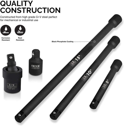 Neiko 00256A - Juego de barra de extensión de impacto y adaptador, 5 piezas, incluye barras de extensión de 5, 10, 15 pulgadas, junta universal y reductor