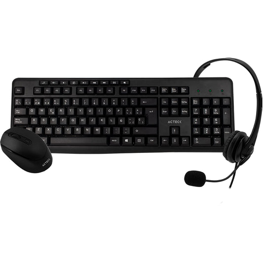 Acteck Kit 3 en 1 Teclado Multimedia Mouse y Audifonos KT30 USB AC-931687