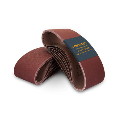 POWERTEC 110118 - Correas de lijado de óxido de aluminio, surtido de bandas de lijado de óxido de aluminio, 3 de cada uno de 60, 80, 120, 150, 240, 400, papel de lija premium para lijadora de disco de correa, paquete de 18