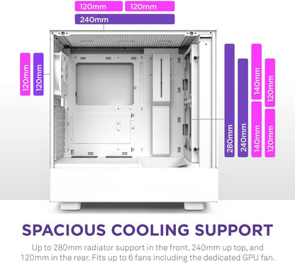 NZXT H5 Flow Compact ATX Mid-Tower PC Gaming Case – CC-H51FW-01- High Airflow Perforated Front Panel – Tempered Glass Side Panel – 2 x 120mm Fans Included – 280mm Radiator Support – Ｗhite