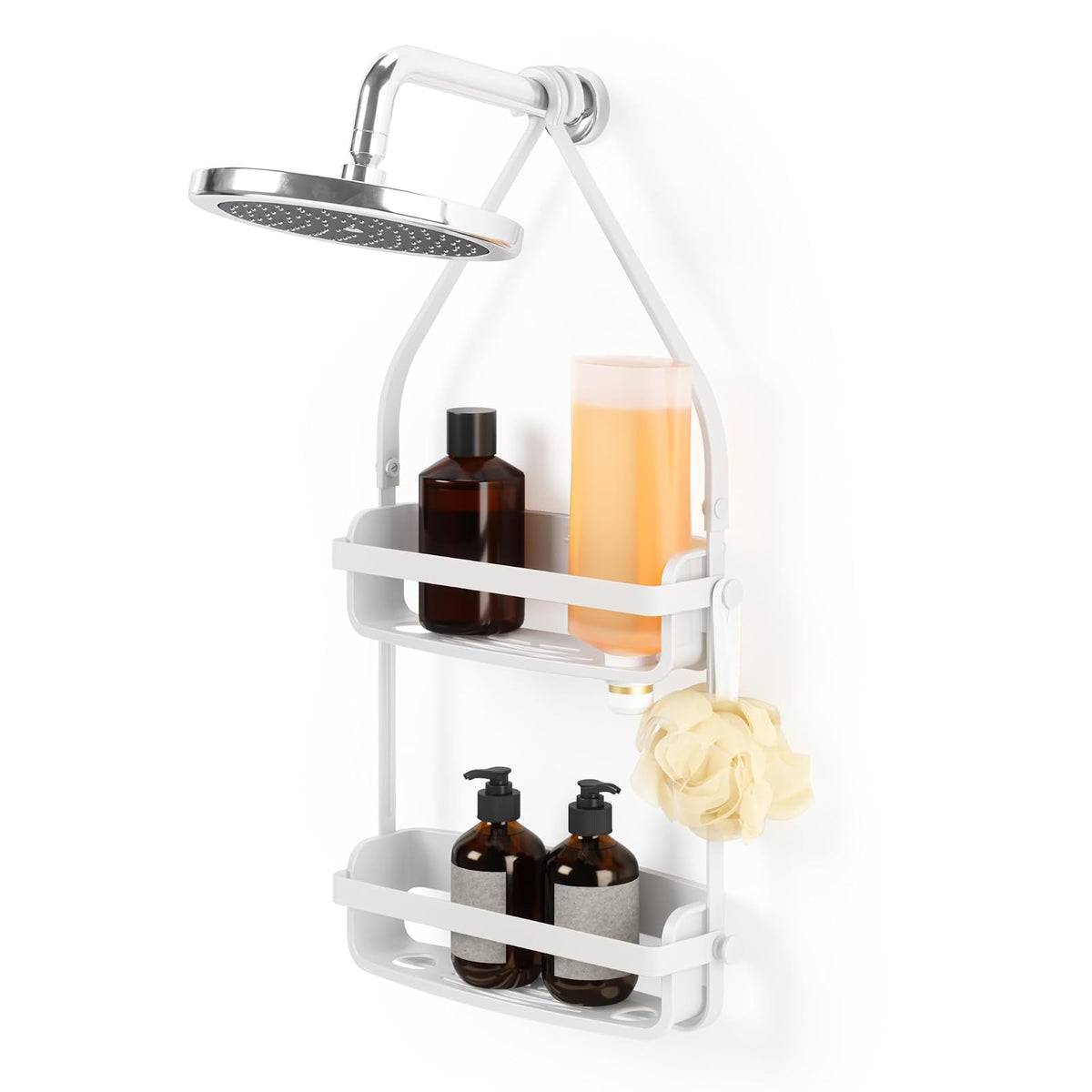 umbra FLEX SHOWER CADDY, Blanco | Marco flexible con bandas de silicona, sistema de drenaje integrado, espacio para cuatro botellas de champú, fácil montaje - Blanco