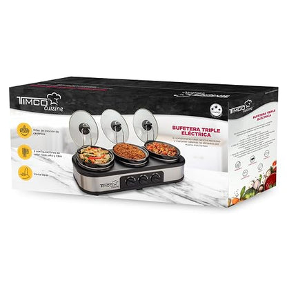Timco Bufetera Electrica Triple 3 Insertos Ceramica 1.5L Bandeja Calentamiento BUFET1121