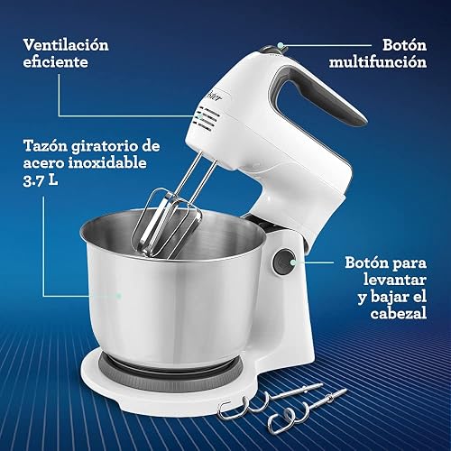 Oster Batidora de Mano y Pedestal 250 W con 6 Velocidades y Tazón de 3.7 L | Acción giratoria para mezclar 2 veces más rápido y uniforme, función Turbo, incluye ganchos amasadores, blanco, FPSTHS3612