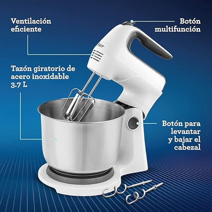 Oster Batidora de Mano y Pedestal 250 W con 6 Velocidades y Tazón de 3.7 L | Acción giratoria para mezclar 2 veces más rápido y uniforme, función Turbo, incluye ganchos amasadores, blanco, FPSTHS3612