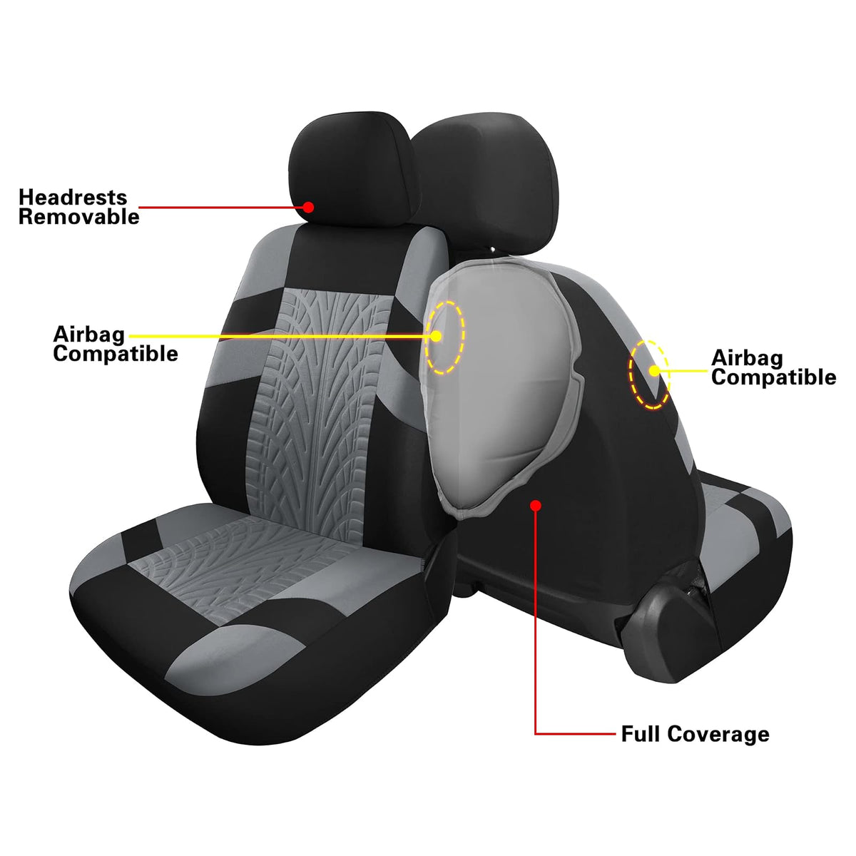 VarCozy Juego Completo de Fundas de Asiento para Automóvil, Banco Delantero y Trasero, Tela Universal, Compatible con Airbag, Negro y Gris (VC-01-B1)