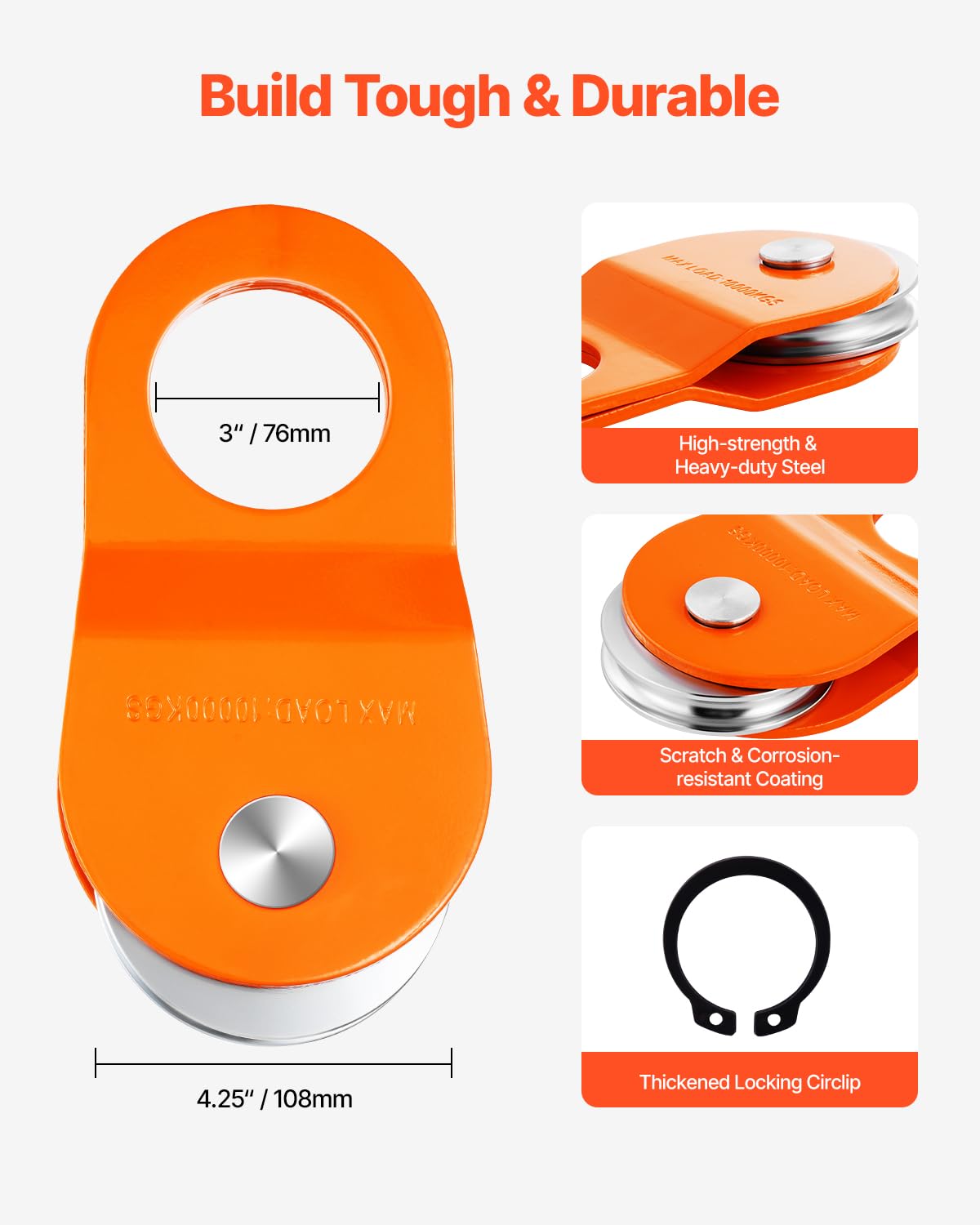 VEVOR - Bloque de Enganche de cabrestante de 10 T, Bloque de Capacidad de 22 Libras y Sistema de polea de Aparejo, Funciona con Cuerda de 0.4 a 0.55 Pulgadas, Accesorios de Gancho de cabrestante,