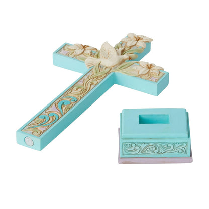 Enesco Jim Shore Heartwood Creek Cross con lirios de Pascua y paloma, 7.83 pulgadas, multicolor
