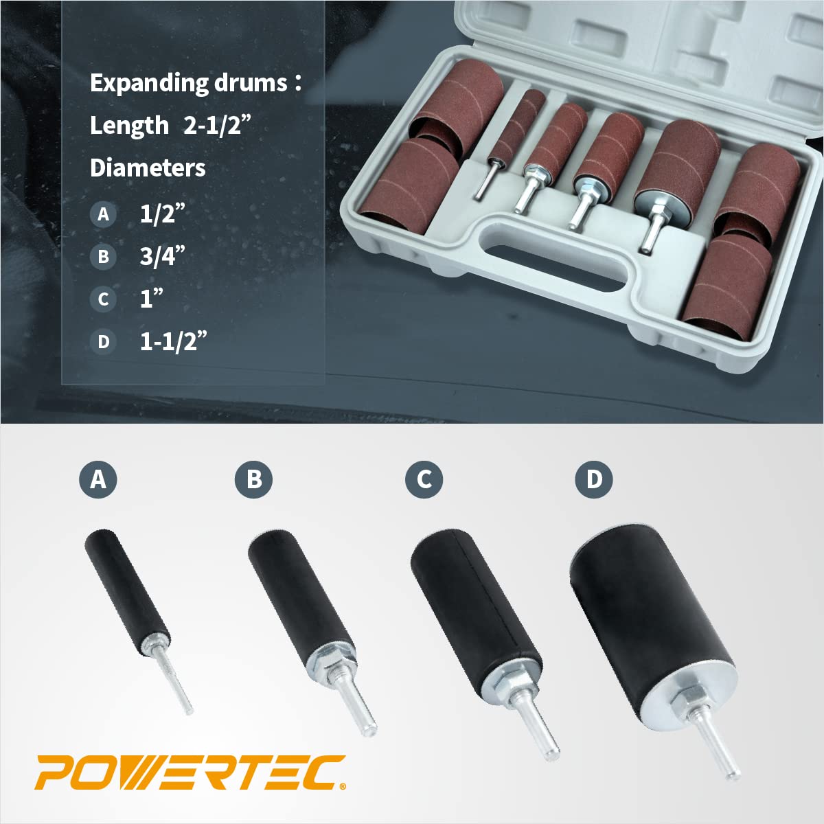 POWERTEC 71634 Kit de tambor de lijado de prensa de taladro de 20 piezas con vástagos de ¼ y 1/8 pulgadas, mangos de lijadora de husillo, estuche de transporte de herramientas