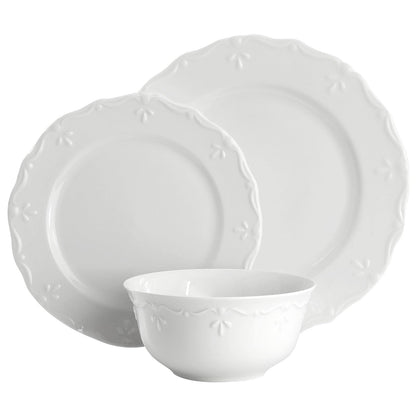 Elama Henryi Juego De Vajilla De Porcelana Blanca 18 Piezas | Con detalles de borde en relieve, reforzado