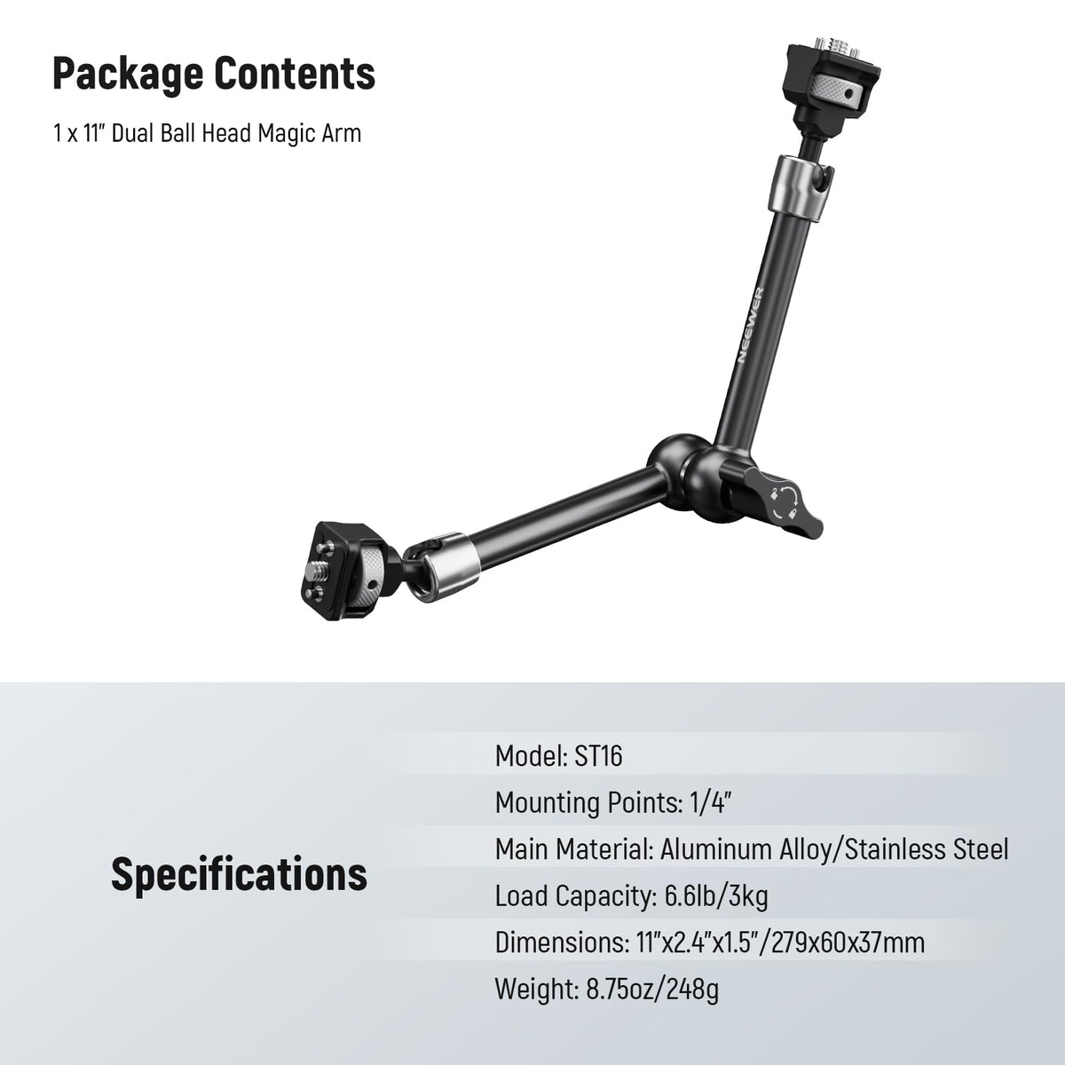 NEEWER 11" Brazo Mágico Articulado con 360° Cabezas Bola y Pines para ARRI, Montaje Monitor Cámara con Tornillo 1/4" para Cámara Acción DSLR Monitor Luz de Video Compatible con SmallRig Cage Rig,ST16