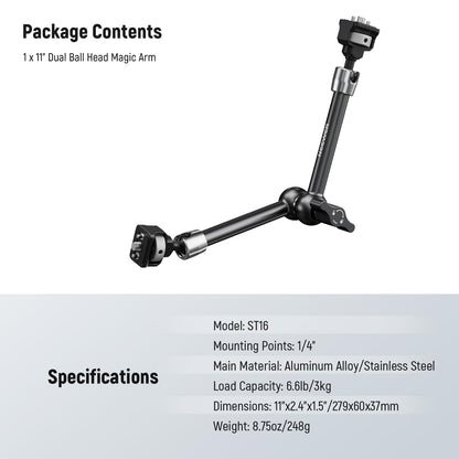 NEEWER 11" Brazo Mágico Articulado con 360° Cabezas Bola y Pines para ARRI, Montaje Monitor Cámara con Tornillo 1/4" para Cámara Acción DSLR Monitor Luz de Video Compatible con SmallRig Cage Rig,ST16