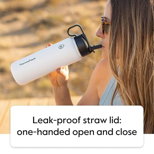 Thermoflask Botella de agua doble aislada de acero inoxidable con dos tapas, 40 onzas, ciruela